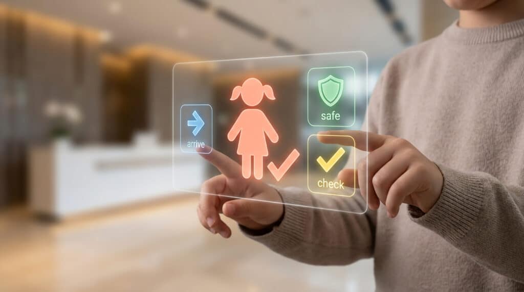 Bildet viser en gjennomsiktig digital skjerm med ikon for barn, trygghet og en pil. Overkroppen til ne person synes i bakgrunnen som peker på de digitale ikonene.