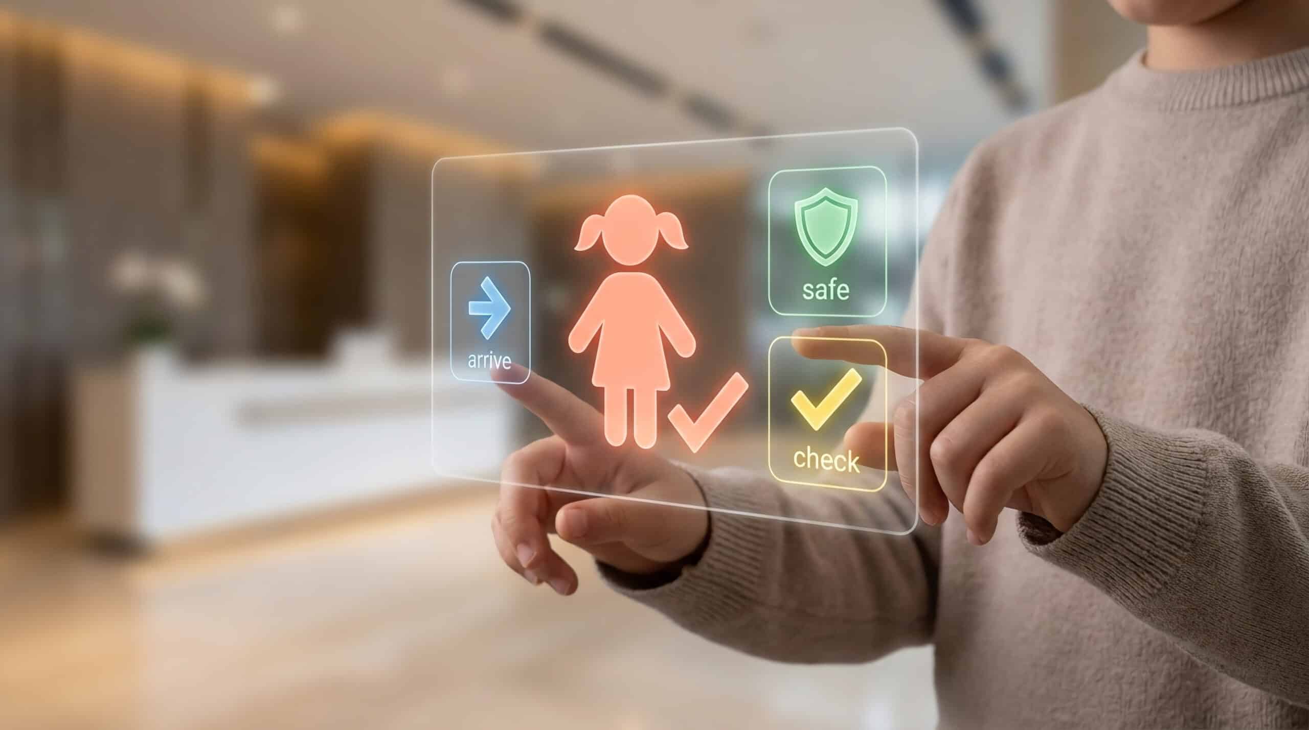 Bildet viser en gjennomsiktig digital skjerm med ikon for barn, trygghet og en pil. Overkroppen til ne person synes i bakgrunnen som peker på de digitale ikonene.